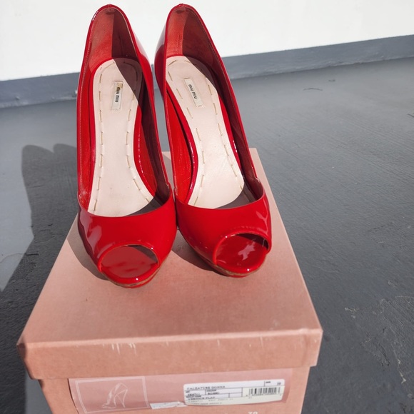Miu Miu Red Patent Leather Open Toe Pumps Heels 👠 - Picture 3 of 10